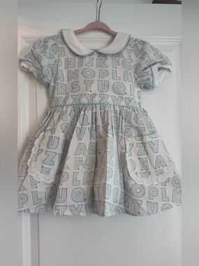 SweetHoney Alphabet Print Peter Pan Collar Dress - Light Blue & White